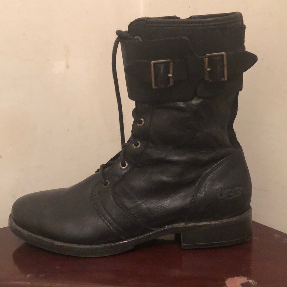 UGG Black Leather Lace-Up Buckle Ankle Boots